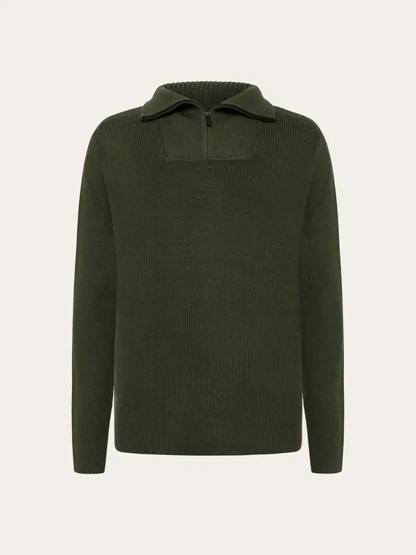 1/2 neck zip merino wool rib knit - Burned Olive