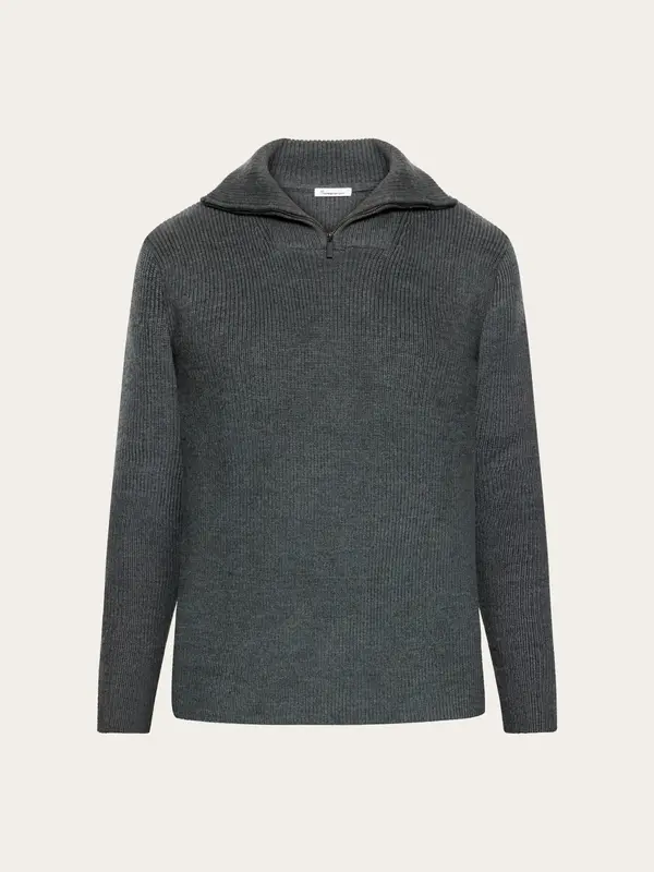 1/2 neck zip merino wool rib knit - Dark Grey Melange
