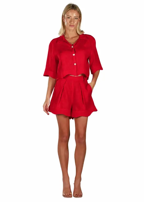 ADRIANA RED| Women linen blouse short sleeve