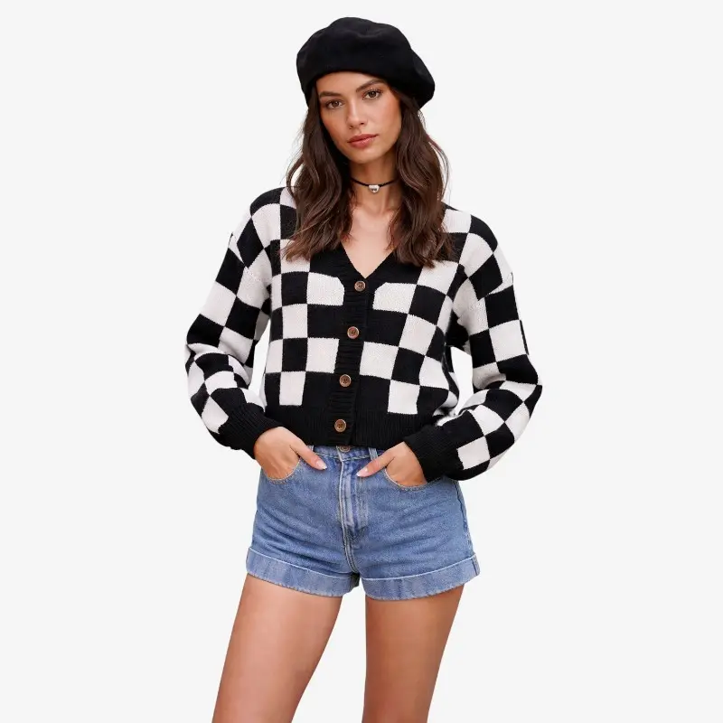 Alicia – Cardigan à manches longues avec motif géométrique et boutons