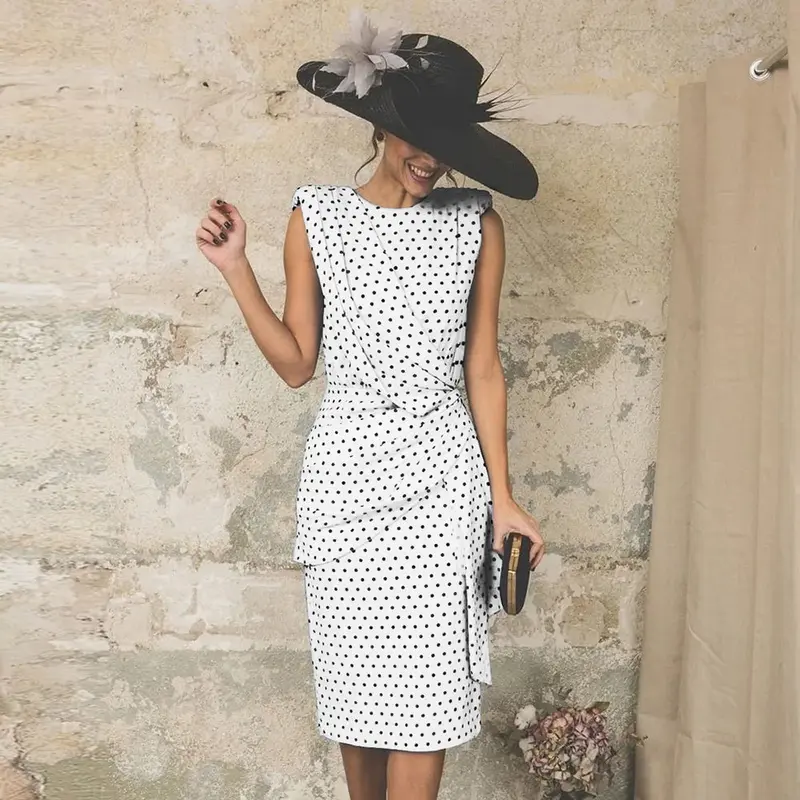 Allison - Robe slim sans manches imprimé pois vintage