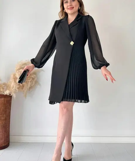 Amelia - Robe plissée au genou manches bouffantes