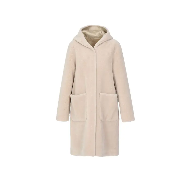 ANGELIQUE (REF. 63747) CAFE - MANTEAU REVERSIBLE A CAPUCHE EFFET PEAU LAINEE (100% LAINE)