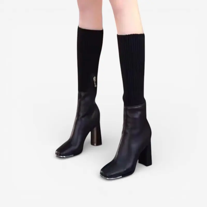 Aria – Chaussures Mi-Mollet à Bout avec Talon Carré et Fermeture Zippée