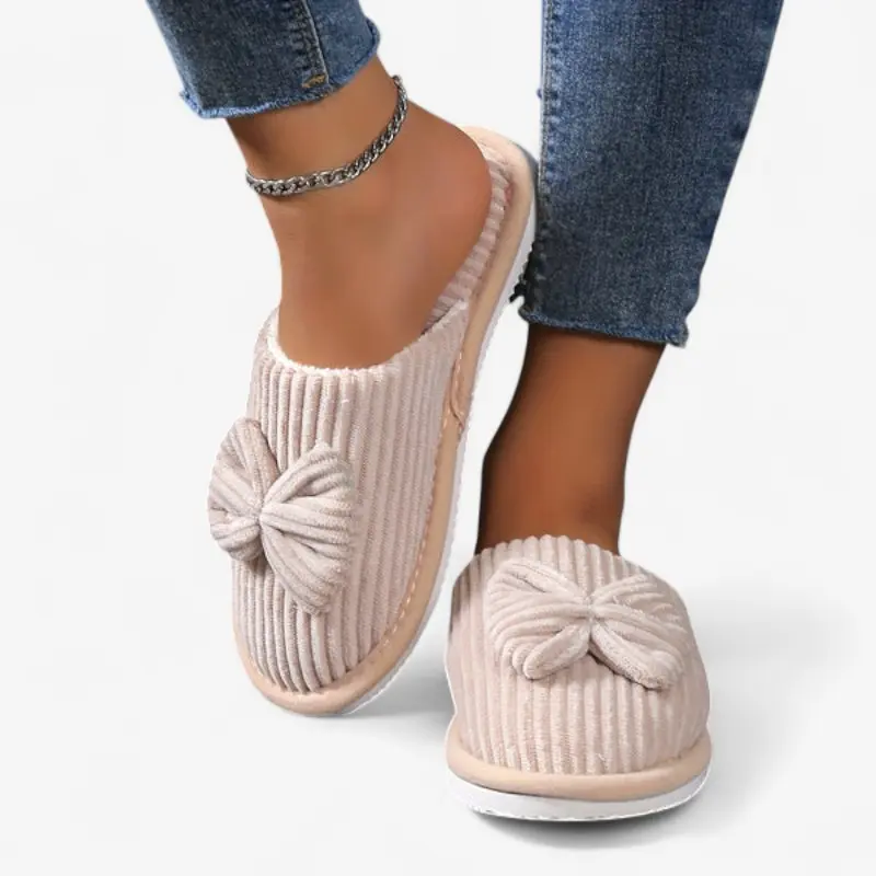 Ballerines chaussons femme à enfiler bout rond avec nœud