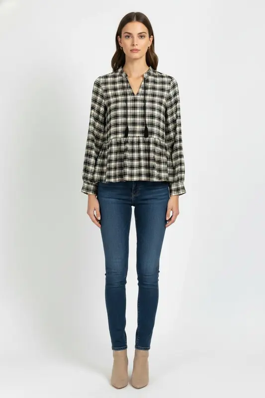 Blouse à Carreaux Beige et Noir - Taille S/36