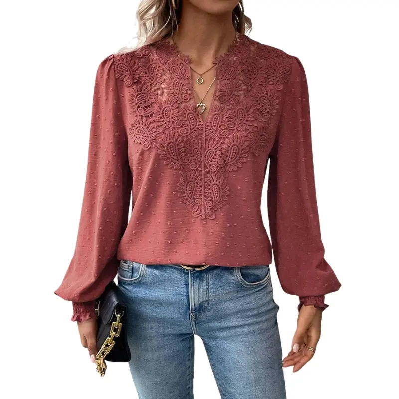 Blouse à manches longues avec col en V et détails en dentelle