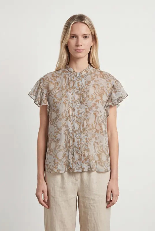 Blouse Beige et Bleu - Taille XS/34