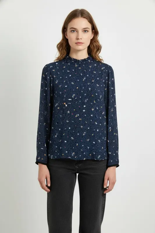 Blouse Bleu Marine à Fleurs Multicolores - Taille L/40