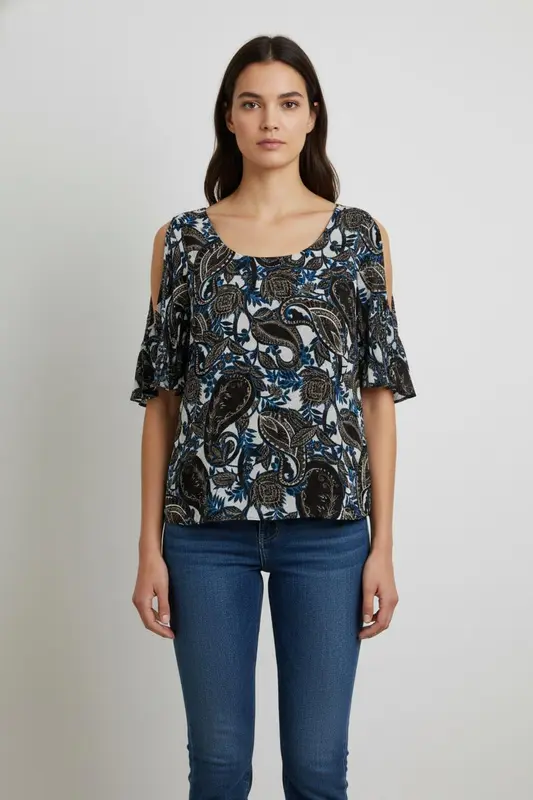 Blouse bleue et noire à motifs - Taille M/38