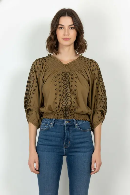 Blouse Brodée Marron et Noir - Taille S/36