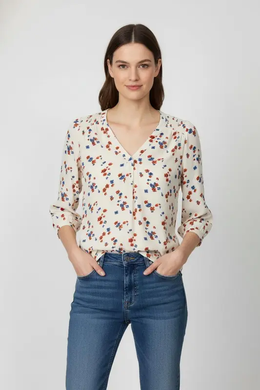 Blouse Écrue à Fleurs Rouges et Bleues - Taille S/36