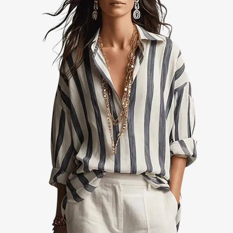 Blouse Femme Rayée à Manches Retroussables