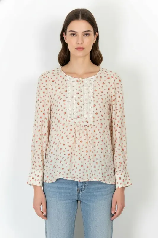 Blouse Fleurie Beige et Rouge - Taille M/38