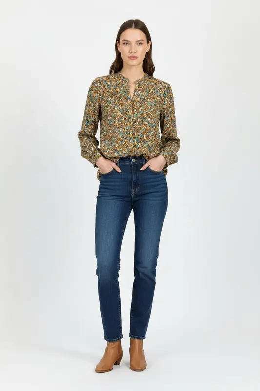 Blouse Fleurie Marron et Bleu - Taille XS/34