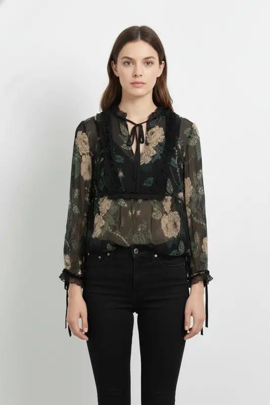 Blouse Fleurie Noire et Beige - Taille M/38