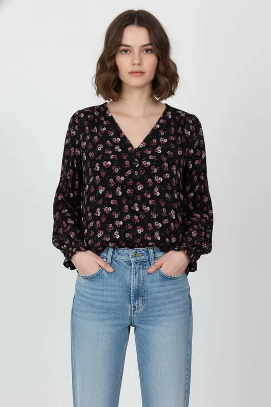 Blouse Noire et Rose - Taille S/36