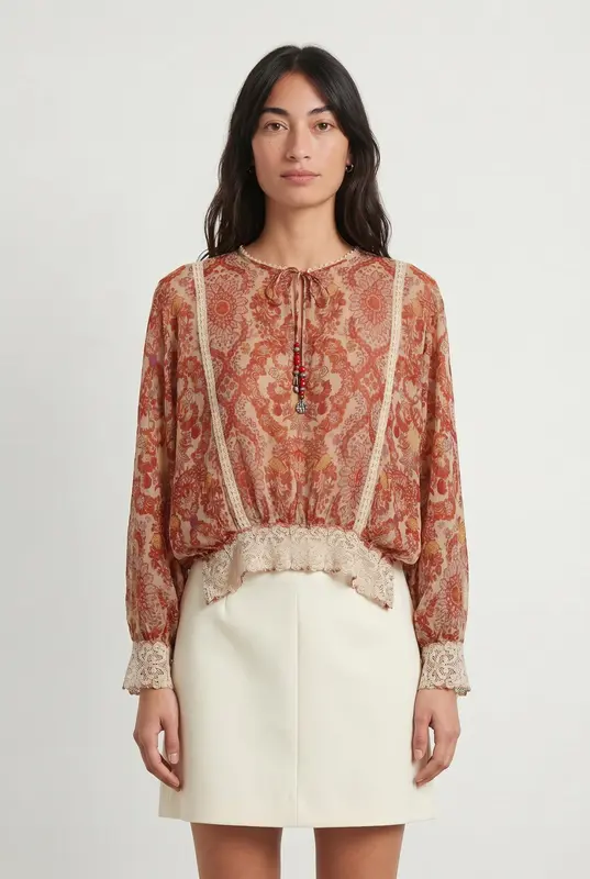 Blouse Rouge et Beige - Taille S/36
