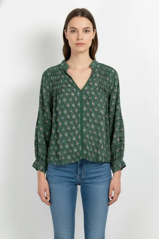 Blouse Verte à Fleurs - Taille S/36