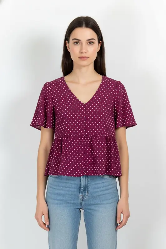 Blouse Violette à Pois Blancs - Taille XS/34