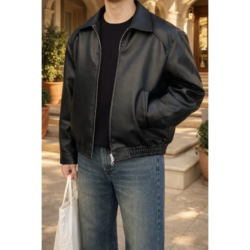 Bombers homme finition cuir, zip, col classique, ourlet élastiqué