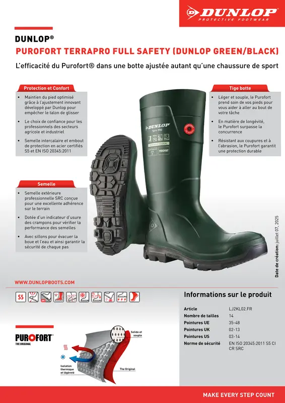Bottes de sécurité DUNLOP Purofort TerraPRO Full Safety LJ2KL02.FR