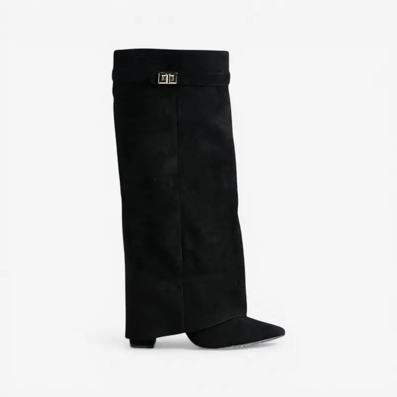 Bottes Hautes en Daim avec Ourlet et Talon Carré