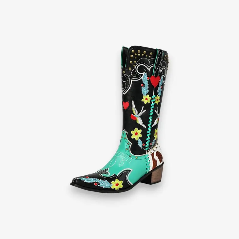 Bottines femme mi-mollet bout pointu brodé fleurs