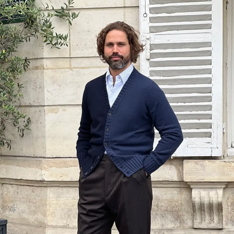 Cardigan bi-couleurs laine et cachemire bleu marine et bleu jean