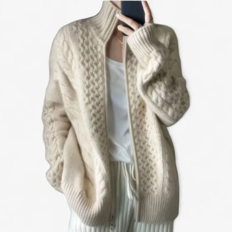 Cardigan femme en maille col roulé manches longues avec fermeture zippée