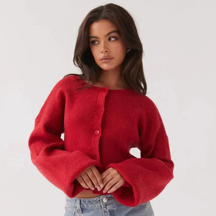 Cardigan femme manches longues col rond boutonné