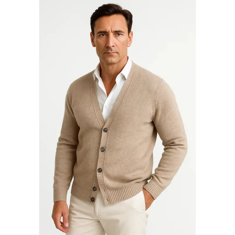 Cardigan homme col V en laine mérinos, maille classique