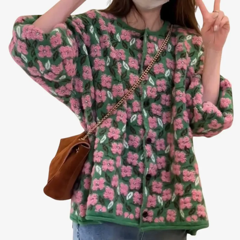 Cardigan imprimé col rond boutonné coupe ample