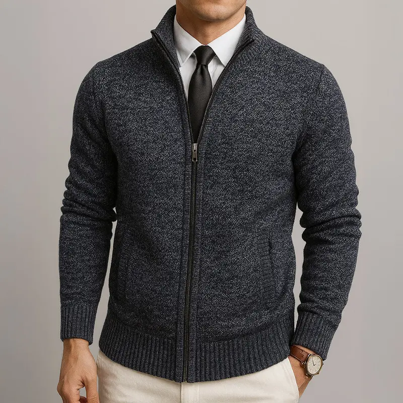 Cardigan zippé homme en laine mérinos et coton, finition soignée