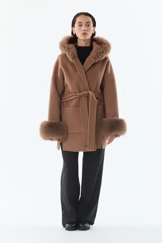 CAROLINA - Manteau en laine col fausse fourrure