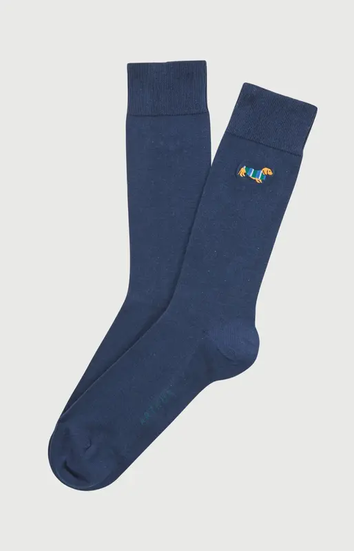 Chaussettes brodées en coton - Teckel Marine