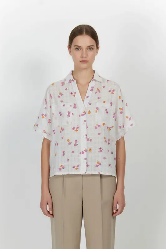 Chemise Blanche à Fleurs Roses et Oranges - Taille S/36