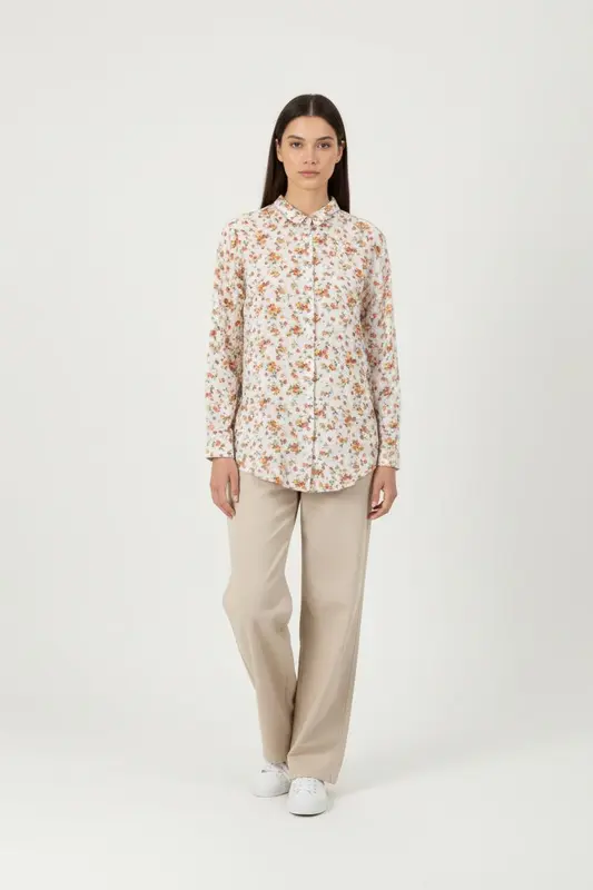 Chemise Fleurie Blanche et Orange - Taille XS/34