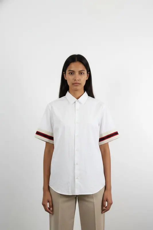 Chemise Manches Courtes Blanche et Beige - Taille M/38