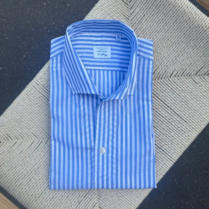 Chemise positano à rayures bâton bleu denim et blanc coton et lin