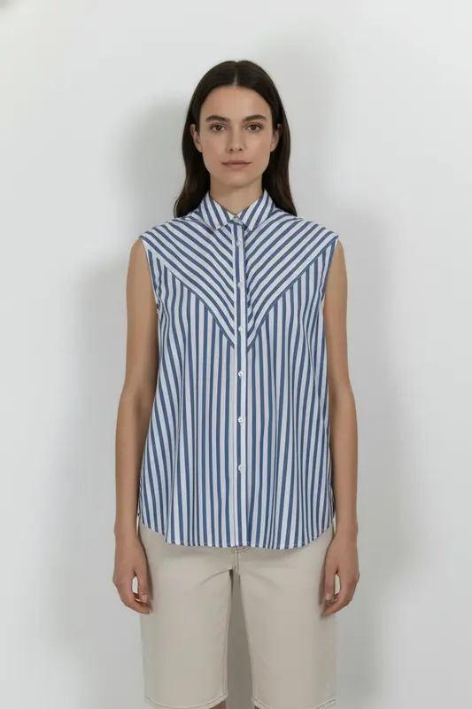 Chemise Sans Manches Bleu et Blanc - Taille L/40