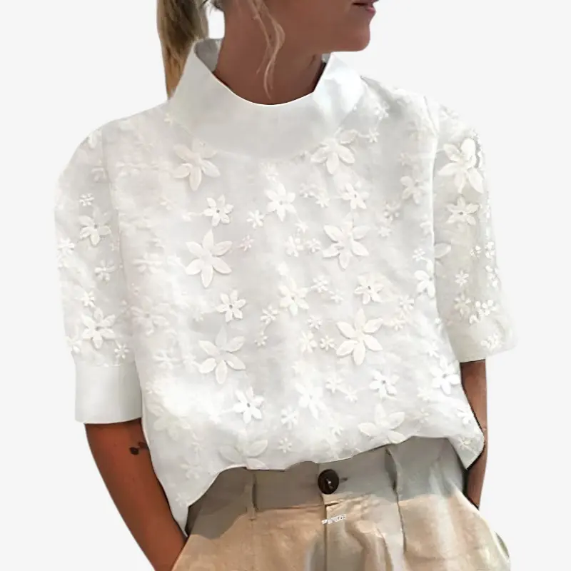 Chemisier Femme Blanc Col Montant Fleuri