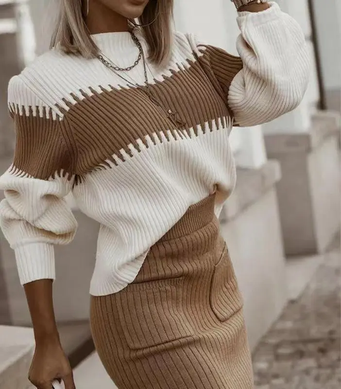Chloé - Ensemble deux pièces pull manches longues color block + jupe taille haute