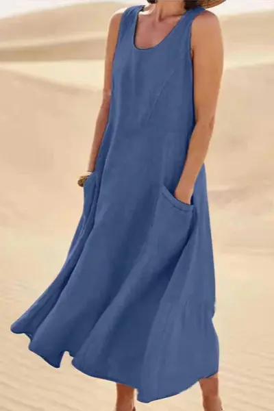 Clara – Robe fluide sans manches à encolure ronde et poches profondes