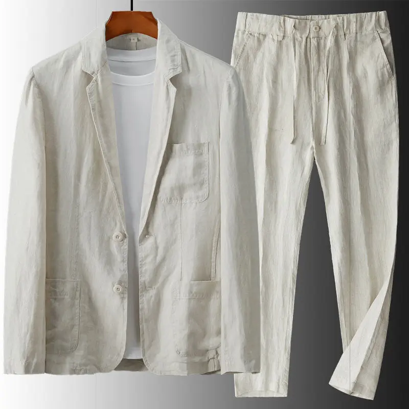 Costume d'été homme en lin, veste deux boutons, coupe décontractée