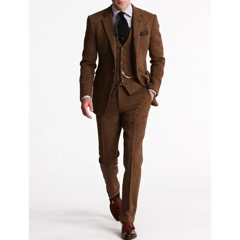 Costume trois pièces homme en tweed, blazer, gilet et pantalon