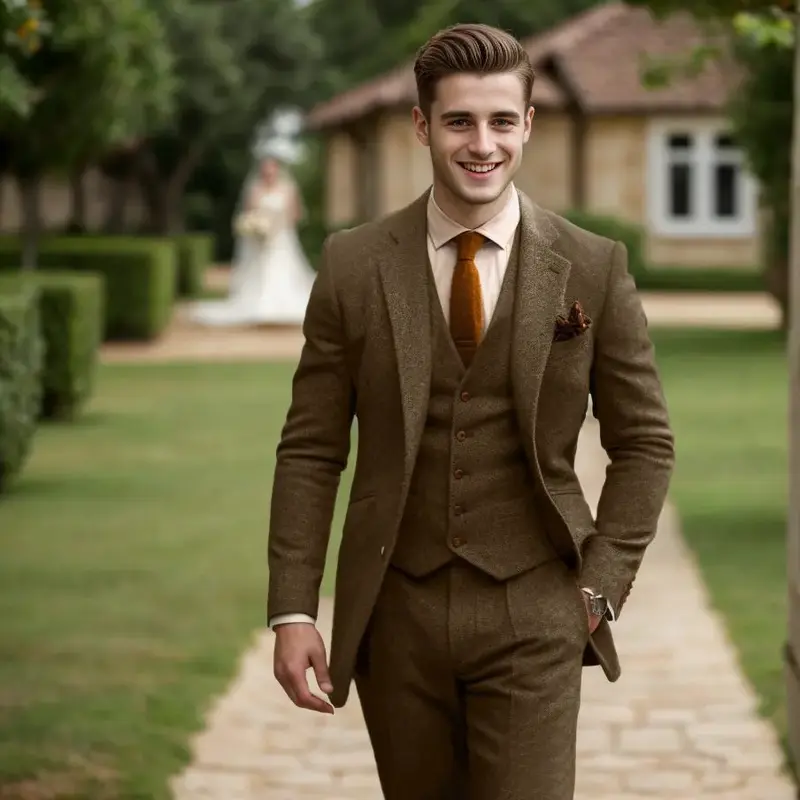 Costume trois pièces homme en tweed de laine, mariage et soirée