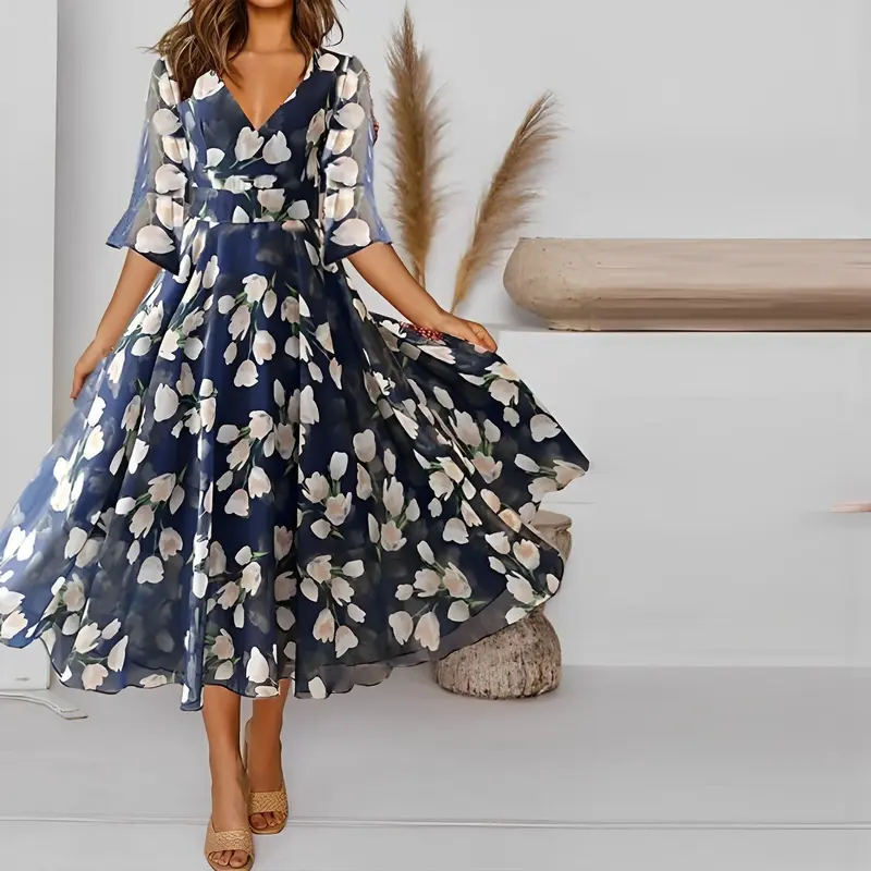 Dahlia - Robe midi plissée imprimé floral Encolure en V, silhouette fluide