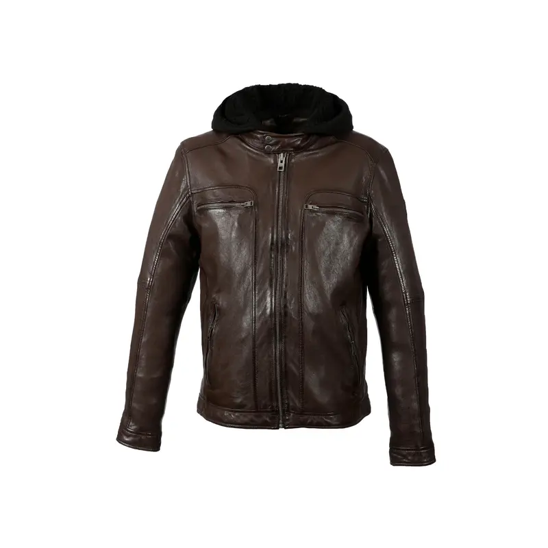 DRINK (REF. 63036) CHOCOLAT- BLOUSON EN CUIR À CAPUCHE AMOVIBLE