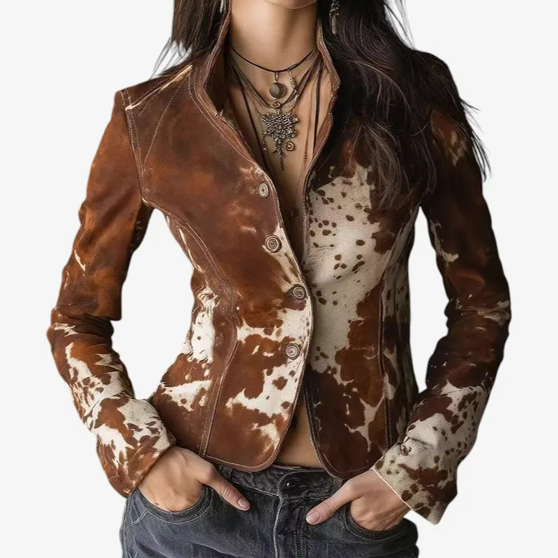 Elowyn – Veste boutonnée imprimée à manches longues et col montant